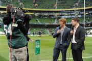 10 March 2012; Injured Ireland players Jerry Flannery, left, and Brian O'Driscoll are interviewed before the game. RBS Six Nations Rugby Championship, Ireland v Scotland, Aviva Stadium, Lansdowne Road, Dublin. Picture credit: Brendan Moran / SPORTSFILE