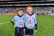 11 March 2012; Dublin mascotts John Foley, left, and Fiachra Potts, both members of the Na Fianna club, strike a pose before the start of the game. Allianz Football League Division 1, Round 4, Dublin v Armagh, Croke Park, Dublin. Picture credit: Ray McManus / SPORTSFILE