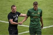 8 July 2017; Celtic manager Brendan Rodgers shakes the hand of Jozo Simunovic as he substituted in the second half during the friendly match between Shamrock Rovers and Glasgow Celtic at Tallaght Stadium in Dublin. Photo by David Fitzgerald/Sportsfile