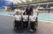 11 July 2017; Paralympics Ireland has officially announced that they will host the 2018 Para Swimming European Championships at National Aquatic Centre from 13th to 19th August 2018. This is the vry first time such a prestigious Para sport event will come to Ireland. Notably, the Championships will be the biggest competition to be held at the National Aquatic Centre in 15 years presenting an unrivalled opportunity to internationally showcase all the National Sports Campus has to offer. In attendance at the launch are, back, from left Sean O'Riordan, Ellen Keane, Brendan Griffin, T.D, Minister of State for Tourism and Sport, and Barry McClements, with front, from left, Ailbhe Kelly, Nicole Turner and Patrick Flanagan. Photo by Brendan Moran/Sportsfile
