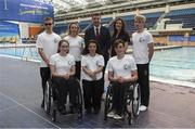11 July 2017; Paralympics Ireland has officially announced that they will host the 2018 Para Swimming European Championships at National Aquatic Centre from 13th to 19th August 2018. This is the very first time such a prestigious Para sport event will come to Ireland. Notably, the Championships will be the biggest competition to be held at the National Aquatic Centre in 15 years presenting an unrivalled opportunity to internationally showcase all the National Sports Campus has to offer. In attendance at the launch are, back, from left Sean O'Riordan, Ellen Keane, Brendan Griffin, T.D, Minister of State for Tourism and Sport, Miriam Malone, CEO, Paralympics Ireland, and Barry McClements, and Ellen Keane, with front, from left, Ailbhe Kelly, Nicole Turner and Patrick Flanagan. Photo by Brendan Moran/Sportsfile