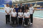 11 July 2017; Paralympics Ireland has officially announced that they will host the 2018 Para Swimming European Championships at National Aquatic Centre from 13th to 19th August 2018. This is the vry first time such a prestigious Para sport event will come to Ireland. Notably, the Championships will be the biggest competition to be held at the National Aquatic Centre in 15 years presenting an unrivalled opportunity to internationally showcase all the National Sports Campus has to offer. In attendance at the launch are, back, from left Sean O'Riordan, Ellen Keane, Sarah Keane, CEO, Swim Ireland, Brendan Griffin, T.D, Minister of State for Tourism and Sport, Miriam Malone, CEO, Paralympics Ireland, and Barry McClements, with front, from left, Ailbhe Kelly, Nicole Turner and Patrick Flanagan. Photo by Brendan Moran/Sportsfile