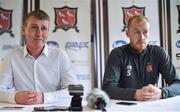 11 July 2017; Manager of Dundalk Stephen Kenny  and Chris Shields during a press conference at Oriel Park, in Dundalk, Co. Louth. Photo by David Maher/Sportsfile
