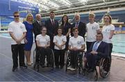 11 July 2017; Paralympics Ireland has officially announced that they will host the 2018 Para Swimming European Championships at National Aquatic Centre from 13th to 19th August 2018. This is the very first time such a prestigious Para sport event will come to Ireland. Notably, the Championships will be the biggest competition to be held at the National Aquatic Centre in 15 years presenting an unrivalled opportunity to internationally showcase all the National Sports Campus has to offer. In attendance at the launch are, back, from left Sean O'Riordan, Sarah Keane, CEO, Swim Ireland, John Treacy, CEO, Sport Ireland, Brendan Griffin, T.D, Minister of State for Tourism and Sport, Miriam Malone, CEO, Paralympics Ireland, Kieran Mulvey, Chairman, Sport Ireland, Barry McClements, and Ellen Keane, with front, from left, Ailbhe Kelly, Nicole Turner, Patrick Flanagan and Johnny Fulham, President, Paralympics Ireland. Photo by Brendan Moran/Sportsfile