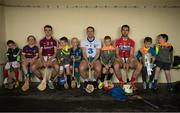 11 July 2017; Local Glynn Barntown GAA Club members Saoirse Flanagan, age 7, Leah O'Reill, age 9, Sean Moran, age 6, Tom Hilliard, age 7, Conor Doyle, age 7, Ben Swan, age 6 and his brother Bill, age 8, with Johnny Coen, Galway, Mark Ellis, Cork, Noel Connors, Waterford, and the Liam MacCarthy Cup at the GAA Hurling All Ireland Senior Championship Series National Launch at Glynn Barntown GAA Club, in Co. Wexford. Photo by Ray McManus/Sportsfile