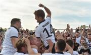 12 July 2017; David McMillan, hidden, of Dundalk celebrates after scoring his side's first goal with team-mates, from left, Brian Garland, John Mountney, Robbie Benson, Dane Massey and Patrick McEleney during the UEFA Champions League Second Qualifying Round first leg match between Dundalk and Rosenborg at Oriel Park in Dundalk, Co Louth. Photo by David Maher/Sportsfile