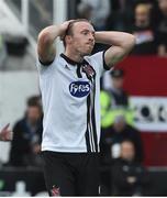 12 July 2017; David McMillan of Dundalk reacts after his shot went wide during the UEFA Champions League Second Qualifying Round first leg match between Dundalk and Rosenborg at Oriel Park in Dundalk, Co Louth. Photo by David Maher/Sportsfile