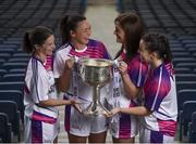 13 July 2017; TG4 2017 All Ireland Championships were launched at Croke Park today, with representatives of the Senior, Intermediate and Junior competitions present at the launch. It was announced that a new ‘score assistant’ will be used for 2017 and TG4’s footage will be available to help referees adjudicate scores, with Hawkeye also being announced for use at the TG4 All Ireland Finals in Croke Park. Pictured are players from the All Ireland senior provincial champions, from left, Sinead Aherne of Dublin, Caroline Kelly of Kerry, Emer Flaherty of Galway, and Geraldine McLaughlin of Donegal, at Croke Park, Dublin.  Photo by Seb Daly/Sportsfile