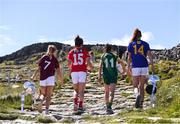 13 July 2017; Stars of the TG4 All Ireland Championships assembled at the famous Dún Aengus on Inis Mór in the Aran Islands to launch the 2017 TG4 All Ireland Championships. The championship gets underway when the preliminary rounds take place on July 22nd as 36 counties begin the journey that will take them to Croke Park on September 24th. TG4 also announced their search for the #properfan that will take place throughout the 2017 TG4 All Ireland Champinships. Pictured are, from left, ladies footballers Sinead Burke of Galway, Ciara O'Sullivan of Cork, Niamh O'Sullivan of Meath and Aishling Moloney of Tipperary, at Dún Aengus, Inis Mór, Aran Islands, Co. Galway.  Photo by Seb Daly/Sportsfile