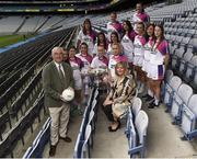 13 July 2017; TG4 2017 All Ireland Championships were launched at Croke Park today, with representatives of the Senior, Intermediate and Junior competitions present at the launch. It was announced that a new ‘score assistant’ will be used for 2017 and TG4’s footage will be available to help referees adjudicate scores, with Hawkeye also being announced for use at the TG4 All Ireland Finals in Croke Park. Pictured are TG4 deputy chief executive Pádhraic Ó Ciardha, and LGFA President Marie Hickey, with All Ireland Intermediate competition teams representative players at Croke Park, Dublin. Photo by Seb Daly/Sportsfile