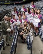 13 July 2017; TG4 2017 All Ireland Championships were launched at Croke Park today, with representatives of the Senior, Intermediate and Junior competitions present at the launch. It was announced that a new ‘score assistant’ will be used for 2017 and TG4’s footage will be available to help referees adjudicate scores, with Hawkeye also being announced for use at the TG4 All Ireland Finals in Croke Park. Pictured are TG4 deputy chief executive Pádhraic Ó Ciardha, and LGFA President Marie Hickey, with All Ireland Intermediate competition teams representative players at Croke Park, Dublin. Photo by Seb Daly/Sportsfile