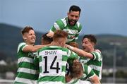 13 July 2017; Graham Burke, hidden, of Shamrock Rovers celebrates after scoring his side's first goal with teammates Luke Byrne, David Webster, Trevor Clarke, Gary Shaw and Ronan Finn during the UEFA Europa League Second Qualifying Round First Leg match between Shamrock Rovers and Mlada Boleslav at Tallaght Stadium in Tallaght, Co Dublin. Photo by David Maher/Sportsfile