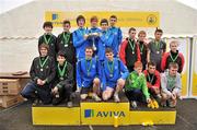 10 March 2012; Teams, from left to right, 2nd place St Malachy’s College, Belfast, Co. Antrim, 1st place St. Coleman's, Newry, Co. Down, and 3rd place High School, Clonmel, Co. Tipperary, after the team event in the Senior Boys 6100m race at the Aviva All-Ireland Schools' Cross Country 2012. St Mary’s College, Galway. Picture credit: Diarmuid Greene / SPORTSFILE