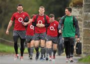 12 March 2012; Ireland's Fergus McFadden, left, Gordon D'Arcy, centre, and Eoin O'Malley, right, make their way to squad training ahead of their side's RBS Six Nations Rugby Championship game against England on Saturday. Ireland Rugby Squad Training, Carton House, Maynooth, Co. Kildare. Picture credit: Barry Cregg / SPORTSFILE