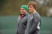 12 March 2012; Ireland captain Rory Best, left, and Andrew Trimble, right, look on during squad training ahead of their side's RBS Six Nations Rugby Championship game against England on Saturday. Ireland Rugby Squad Training, Carton House, Maynooth, Co. Kildare. Picture credit: Barry Cregg / SPORTSFILE