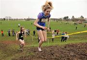 10 March 2012; Jessica Coyne, Crescent College Comprehensive, Limerick, on her way to finishing in third place, followed by eventual second place Sarah Ni Mhaolmhuire, Colaiste Iosagain, Dublin, left, during the Intermediate Girls 3500m race at the Aviva All-Ireland Schools' Cross Country 2012. St Mary’s College, Galway. Picture credit: Diarmuid Greene / SPORTSFILE