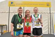 10 March 2012; Winner of the Minor Girls 2000m race Soifra O'Flaherty, St. Leo's, Carlow, centre, alongside second placed Emer Fitzpatrick, Our Lady's, Templeogue, Dublin, left, and third placed Rose Finnegan, Eureka Kells, Co. Meath, right. Aviva All-Ireland Schools' Cross Country 2012, St Mary’s College, Galway. Picture credit: Diarmuid Greene / SPORTSFILE
