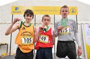 10 March 2012; Winner of the Minor Boys 2500m race Feargal Curtin, Midleton C.B.S., Cork, centre, alongside second placed Pat Shaw, St. Finian's Mullingar, Co. Westmeath, left, and third placed Eoin Looney, St. Joseph's Spanish Point, Co. Clare, right. Aviva All-Ireland Schools' Cross Country 2012, St Mary’s College, Galway. Picture credit: Diarmuid Greene / SPORTSFILE
