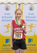 10 March 2012; Clodagh O'Reilly, Loreto College, Cavan, with her gold medal after winning the Junior Girls 2000m race at the Aviva All-Ireland Schools' Cross Country 2012. St Mary’s College, Galway. Picture credit: Diarmuid Greene / SPORTSFILE