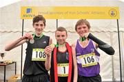 10 March 2012; Winner of the Junior Boys 3500m race Padraig Creavan, St. Mary's, Galway, centre, alongside second placed Cathal Doyle, Colaiste Choilm, Swords, Co. Dublin, left, and third placed Jack O'Leary, Clongowes Wood College, Co. Dublin, right. Aviva All-Ireland Schools' Cross Country 2012, St Mary’s College, Galway. Picture credit: Diarmuid Greene / SPORTSFILE