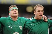 10 March 2012; Ireland's Jamie Heaslip, left, and Stephen Ferris during the national anthems before the game. RBS Six Nations Rugby Championship, Ireland v Scotland, Aviva Stadium, Lansdowne Road, Dublin. Picture credit: Brendan Moran / SPORTSFILE