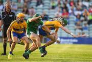 12 July 2017; Michael O'Malley of Clare in action against Andrew La Touche Cosgrave of Limerick during the Bord Gais Energy Munster GAA Hurling Under 21 Championship Semi-Final match between Limerick and Clare at the Gaelic Grounds in Limerick. Photo by Brendan Moran/Sportsfile