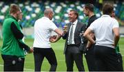 14 July 2017; Scott Brown of Glasgow Celtic and manager Brendan Rodgers share a joke ahead of the UEFA Champions League Second Qualifying Round First Leg match between Linfield and Glasgow Celtic at the National Football Stadium in Windsor Park, Belfast. Photo by David Fitzgerald/Sportsfile