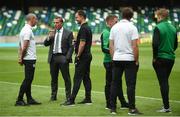14 July 2017; Scott Brown, left, Glasgow Celtic manager Brendan Rodgers, centre, and assistant manager Chris Martin ahead of the UEFA Champions League Second Qualifying Round First Leg match between Linfield and Glasgow Celtic at the National Football Stadium in Windsor Park, Belfast. Photo by David Fitzgerald/Sportsfile
