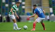 14 July 2017; James Forrest of Celtic in action against Niall Quinn of Linfield during the UEFA Champions League Second Qualifying Round First Leg match between Linfield and Glasgow Celtic at the National Football Stadium in Windsor Park, Belfast. Photo by David Fitzgerald/Sportsfile