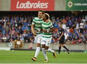 14 July 2017; Scott Sinclair of Celtic, right, celebrates after scoring his side's first goal with team-mate Mikael Lustig during the UEFA Champions League Second Qualifying Round First Leg match between Linfield and Glasgow Celtic at the National Football Stadium in Windsor Park, Belfast. Photo by David Fitzgerald/Sportsfile