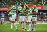 14 July 2017; Scott Sinclair of Celtic celebrates with team-mates after scoring his side's first goal during the UEFA Champions League Second Qualifying Round First Leg match between Linfield and Glasgow Celtic at the National Football Stadium in Windsor Park, Belfast. Photo by David Fitzgerald/Sportsfile