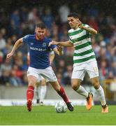 14 July 2017; Tom Rogic of Celtic in action against Stephen Lowry of Linfield during the UEFA Champions League Second Qualifying Round First Leg match between Linfield and Glasgow Celtic at the National Football Stadium in Windsor Park, Belfast. Photo by David Fitzgerald/Sportsfile