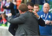 14 July 2017; Linfield manager David Healy and Celtic manager Brendan Rodgers shake hands prior to the UEFA Champions League Second Qualifying Round First Leg match between Linfield and Glasgow Celtic at the National Football Stadium in Windsor Park, Belfast. Photo by David Fitzgerald/Sportsfile