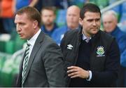 14 July 2017; Linfield manager David Healy and Celtic manager Brendan Rodgers prior to the UEFA Champions League Second Qualifying Round First Leg match between Linfield and Glasgow Celtic at the National Football Stadium in Windsor Park, Belfast. Photo by David Fitzgerald/Sportsfile
