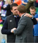 14 July 2017; Linfield manager David Healy, left, and Celtic manager Brendan Rodgers shake hands prior to the UEFA Champions League Second Qualifying Round First Leg match between Linfield and Glasgow Celtic at the National Football Stadium in Windsor Park, Belfast. Photo by David Fitzgerald/Sportsfile
