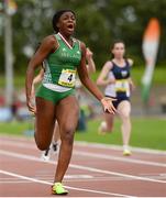 15 July 2017; Patience Jumbo Gula of St Vincents CC Dundalk representing Ireland celebrates crossing the finish line to win the Girls 100m event during the SIAB T&F Championships at Morton Stadium in Santry, Co. Dublin. Photo by Piaras Ó Mídheach/Sportsfile