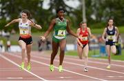 15 July 2017; Patience Jumbo Gula of St Vincents CC Dundalk representing Ireland celebrates crossing the finish line to win the Girls 100m event ahead of Amy Hunt of Kesteven and Grantham Girl's School, Lincolnshire, representing England during the SIAB T&F Championships at Morton Stadium in Santry, Co. Dublin. Photo by Piaras Ó Mídheach/Sportsfile