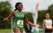 15 July 2017; Patience Jumbo Gula of St Vincents CC Dundalk representing Ireland celebrates crossing the finish line to win the Girls 100m event during the SIAB T&F Championships at Morton Stadium in Santry, Co. Dublin. Photo by Piaras Ó Mídheach/Sportsfile