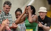 15 July 2017; Patience Jumbo Gula of St Vincents CC Dundalk representing Ireland celebrates winning the Girls 100m event during the SIAB T&F Championships at Morton Stadium in Santry, Co. Dublin. Photo by Piaras Ó Mídheach/Sportsfile