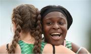 15 July 2017; Patience Jumbo Gula of St Vincents CC Dundalk representing Ireland celebrates winning the Girls 100m event with Lauren Roy of Slemish College, Ballymena, representing Ireland during the SIAB T&F Championships at Morton Stadium in Santry, Co. Dublin. Photo by Piaras Ó Mídheach/Sportsfile