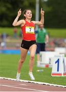 15 July 2017; Kiara Frizelle of Catherdral School, Cardiff & the Vale, representing Wales celebrates crossing the finish line to win the Girls 1500m event event during the SIAB T&F Championships at Morton Stadium in Santry, Co. Dublin. Photo by Piaras Ó Mídheach/Sportsfile