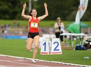 15 July 2017; Kiara Frizelle of Catherdral School, Cardiff & the Vale, representing Wales celebrates crossing the finish line to win the Girls 1500m event event during the SIAB T&F Championships at Morton Stadium in Santry, Co. Dublin. Photo by Piaras Ó Mídheach/Sportsfile