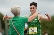 15 July 2017; Darragh McElhinney of Coláiste Pobail Bantry, Co Cork, celebrates with his mother Breda after winning the Boys 1500m event during the SIAB T&F Championships at Morton Stadium in Santry, Co. Dublin. Photo by Piaras Ó Mídheach/Sportsfile