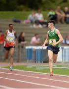 15 July 2017; Darragh McElhinney of Coláiste Pobail Bantry, Co Cork, checks on Jacques Maurice of Harrogate Grammar, North Yorkshire of England, in second place on his way to winning the Boys 1500m event during the SIAB T&F Championships at Morton Stadium in Santry, Co. Dublin. Photo by Piaras Ó Mídheach/Sportsfile