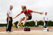 15 July 2017; Noah Scully of Gowran A.C., Co. Kilkenny competing in the U13 Long Jump event during the AAI Juvenile B Championships & Juvenile Relays in Tullamore, Co Offaly. Photo by Barry Cregg/Sportsfile