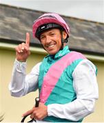 15 July 2017; Frankie Dettori celebrates after winning the Darley Irish Oaks race on Enable during Day 1 of the Darley Irish Oaks Weekend at the Curragh in Kildare. Photo by Eóin Noonan/Sportsfile