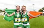 15 July 2017; Sarah Glennon of St Finians College, left, winner, and Maria Flynn of St Mary's College, Naas, second place, both representing Ireland after the Girls 3km Walk event during the SIAB T&F Championships at Morton Stadium in Santry, Co. Dublin. Photo by Piaras Ó Mídheach/Sportsfile