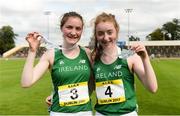 15 July 2017; Sarah Glennon of St Finians College, left, winner, and Maria Flynn of St Mary's College, Naas, second place, both representing Ireland with their medals after the Girls 3km Walk event during the SIAB T&F Championships at Morton Stadium in Santry, Co. Dublin. Photo by Piaras Ó Mídheach/Sportsfile