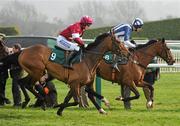 14 March 2012; Teaforthree, with John Thomas McNamara up, leads eventual third placed Four Commanders, with Nina Carberry up, over the last first time round, on their way to winning the Diamond Jubilee National Hunt Steeple Chase. Cheltenham Racing Festival, Prestbury Park, Cheltenham, England. Picture credit: Brendan Moran / SPORTSFILE