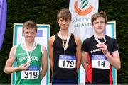 15 July 2017; U16 Boy's 100m podium from left, runner up Jordan Collins,  of Templemore A.C., winner Patrick Tucker, Blackrock A.C., and third place finisher Adam Leahy, Menapians A.C. during the AAI Juvenile B Championships & Juvenile Relays in Tullamore, Co Offaly. Photo by Barry Cregg/Sportsfile